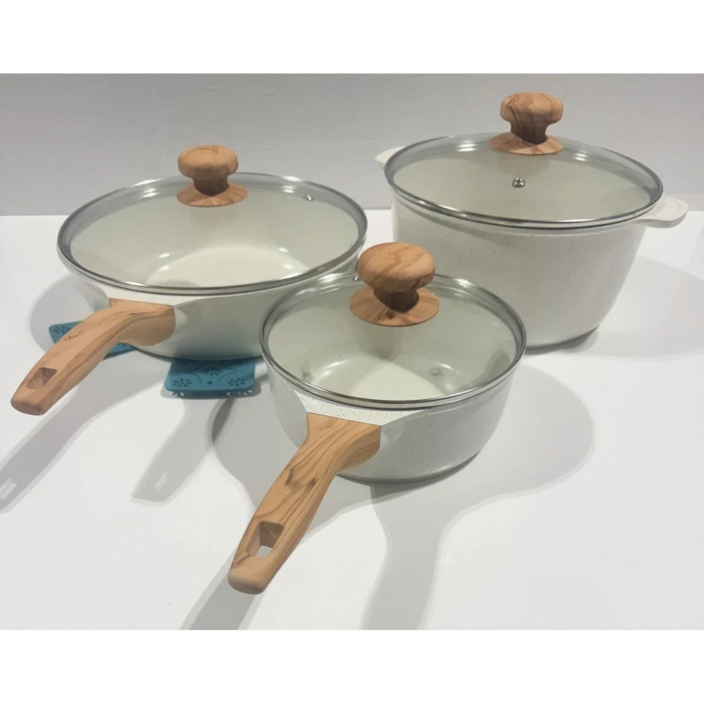 THE PIONEER WOMAN Cookware Set - Cream Speckle Wood Handles 6pc Set - NEW